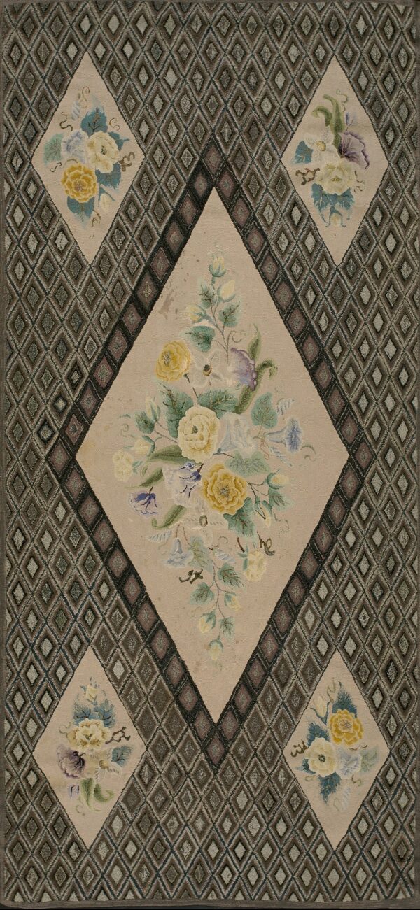 Charming brown color with floral-medallion design antique american hooked rug by rugs on net