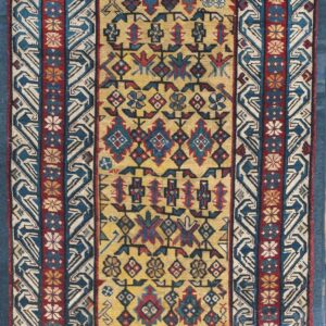 Circa 1870 Hand Knotted Chi Chi Stylized S-Hook Border Saffron Yellow Field Wool Runner Rug by Rugs On Net