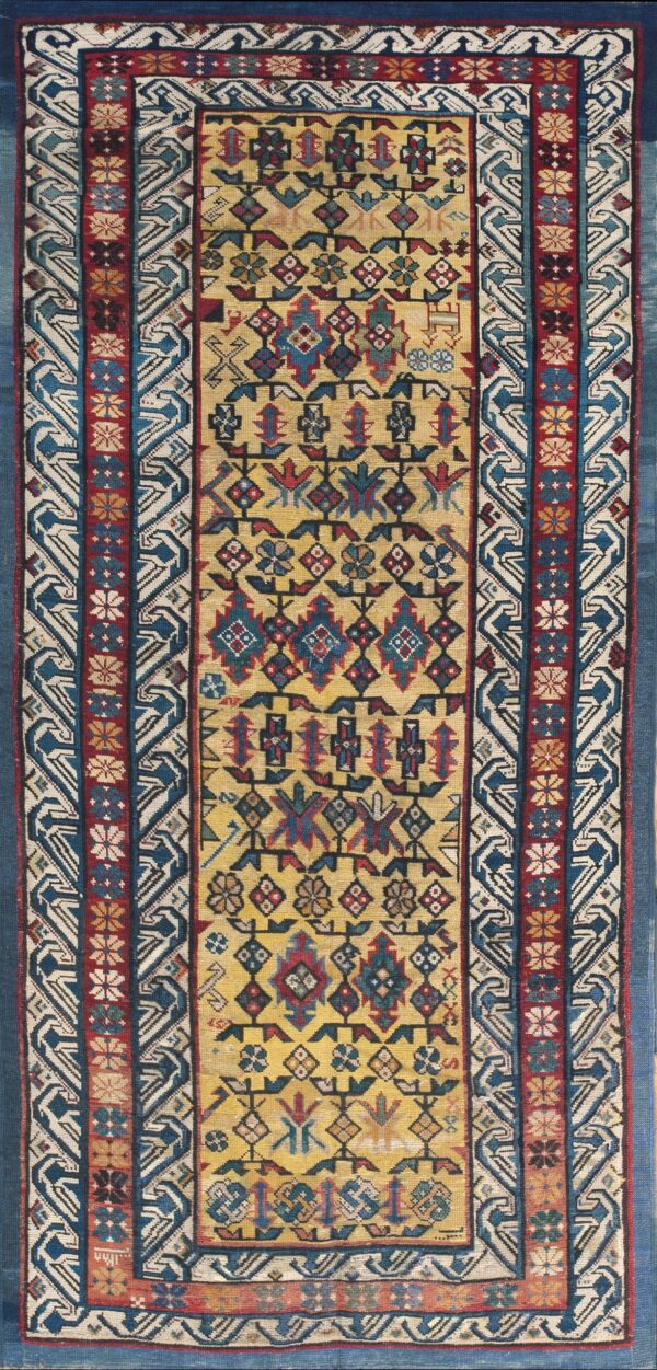 Circa 1870 hand knotted chi chi stylized s-hook border saffron yellow field wool runner rug by rugs on net