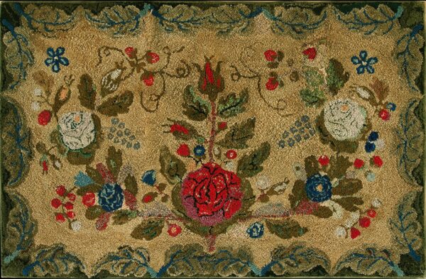 Circa 1880 antique american hooked ivory beige cream center cabbage rose wool rug by rugs on net