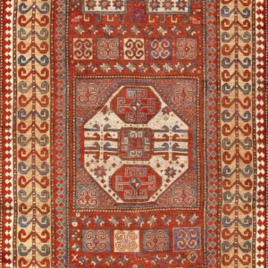 Circa 1890 Antique Russian Kazak Hand Knotted Tribal Geometric Style Madder Red and Indigo Accents Wool Rug by Rugs On Net