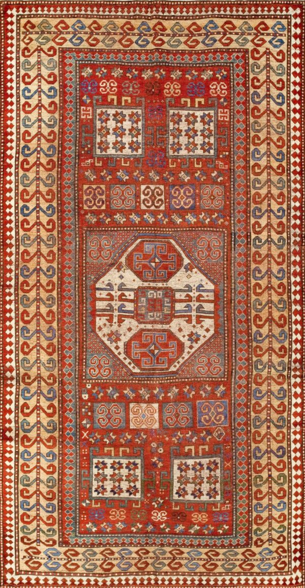 Circa 1890 antique russian kazak hand knotted tribal geometric style madder red and indigo accents wool rug by rugs on net