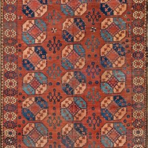 Circa 1890 Russian Ersari Beshir Wool Repeating octagonal guls and Madder red field Hand Knotted Rug by Rugs On Net