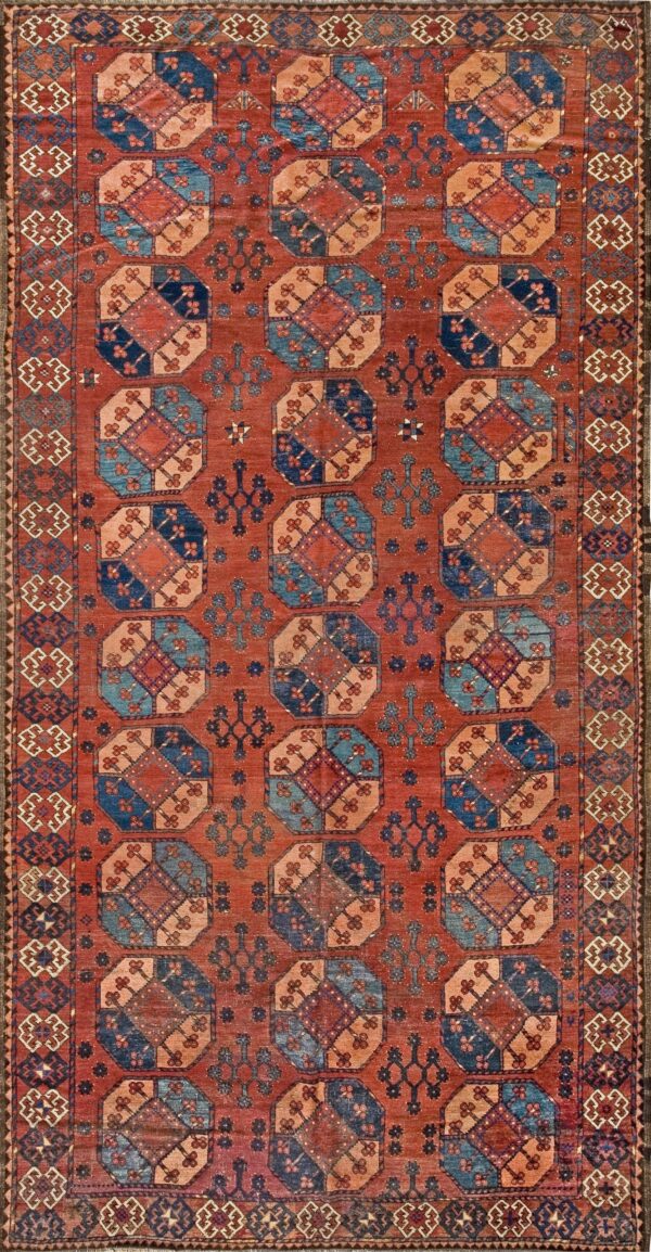 Circa 1890 russian ersari beshir wool repeating octagonal guls and madder red field hand knotted rug by rugs on net