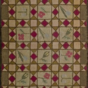 Circa 1920 American Folk Art Hooked Wool Primitive floral squares Coral and Salmon Rug by Rugs On Net