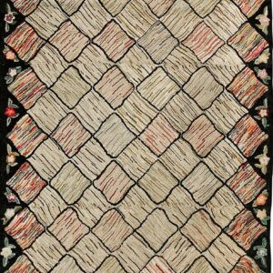 Circa 1920 Ivory and Cream American Hooked Alternating Beige and Earth Tone Blocks Rectangle Rug by Rugs On Net