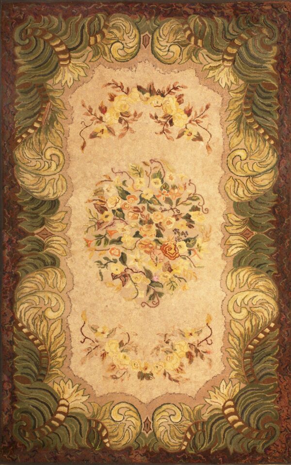 Circa 1930 american hooked wool rug in ivory tones featuring muted sage and rust accents carpet by rugs on net