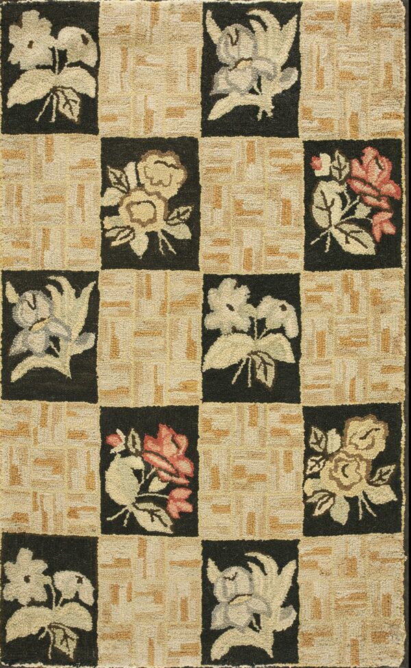 Circa 1930 american usa hooked folk art floral ivory and cream wool rectangle rug by rugs on net