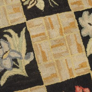 Close-up of a hooked rug with a checkerboard pattern featuring stylized flowers in black squares, by Rugs On Net
