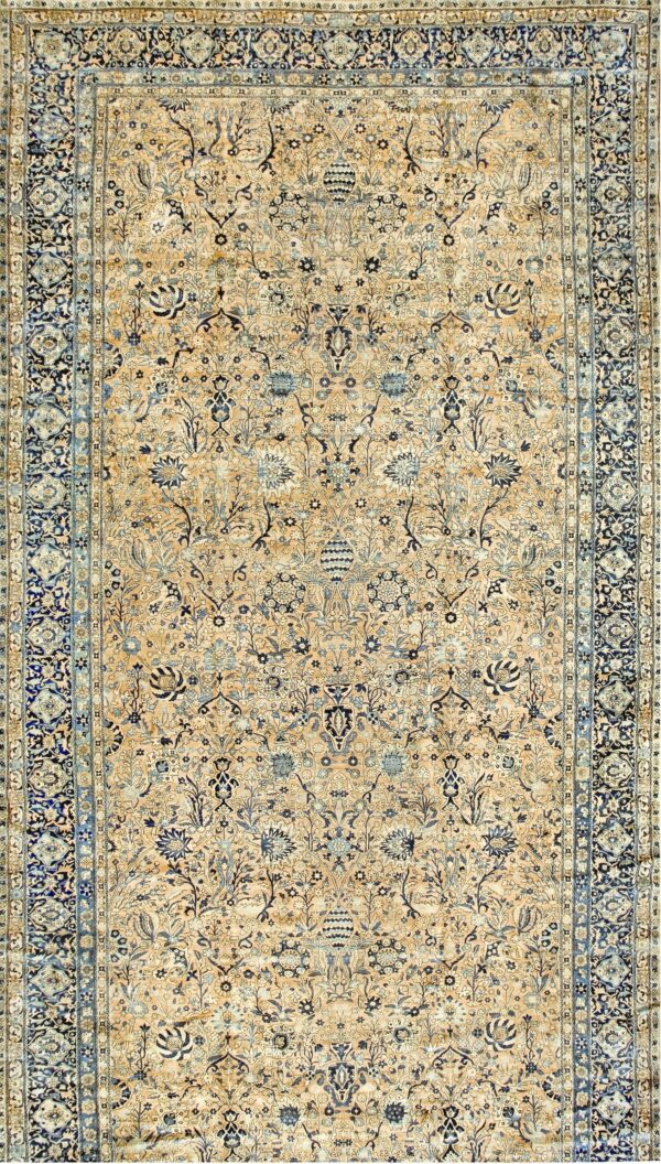 Circa 1930 oversized persian kerman gold wool dense all-over floral wide palmette main border carpet by rugs on net