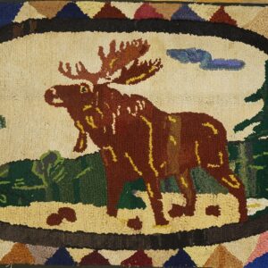 A hooked rug featuring a large brown moose in a woodland scene, by Rugs On Net. by Rugs On Net