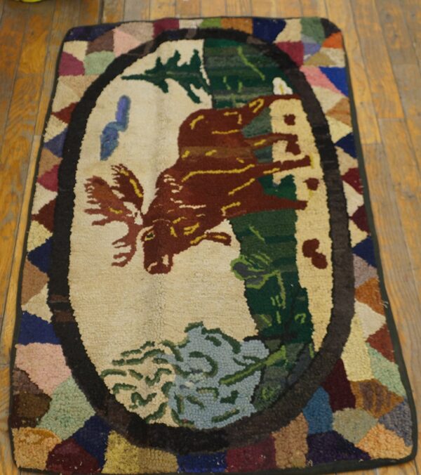 Hooked rug featuring a moose in a natural scene, by rugs on net