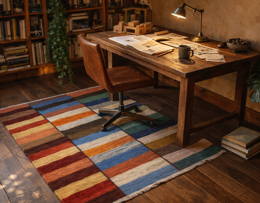 A colorful striped area rug under a vintage wooden desk and leather chair in a cozy, book-filled study. By rugs on net