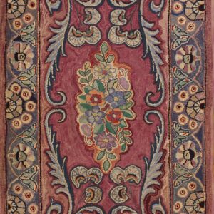 Coral Salmon Pink American Hooked Rectangle Wool Rug with Stylized Rosette Border and Deep Magenta Field Rug by Rugs On Net