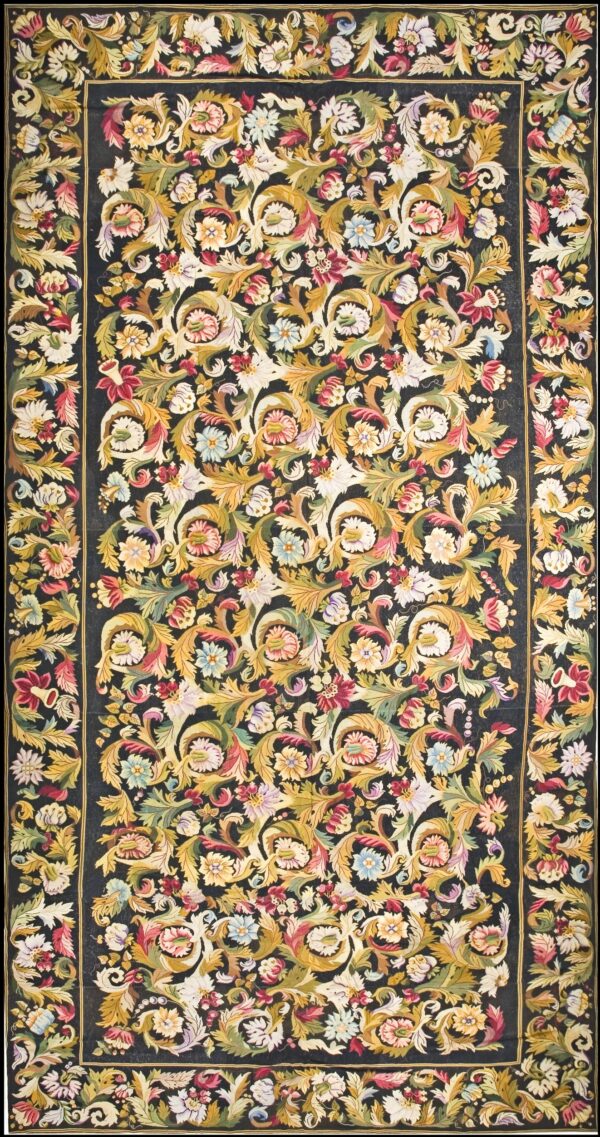 Delightful black and green color with flower design antique needlepoint rug by rugs on net