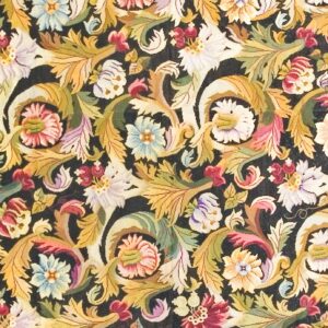 Close-up of a dark tapestry featuring dense floral and acanthus scrollwork in gold, pink, blue, and green hues, by Rugs On Net