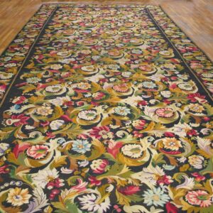 Long, dark Aubusson runner rug with vibrant floral scrollwork, by Rugs On Net