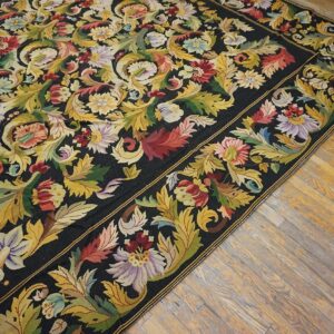Close-up of a dark, floral tapestry rug with vibrant colors, by Rugs On Net