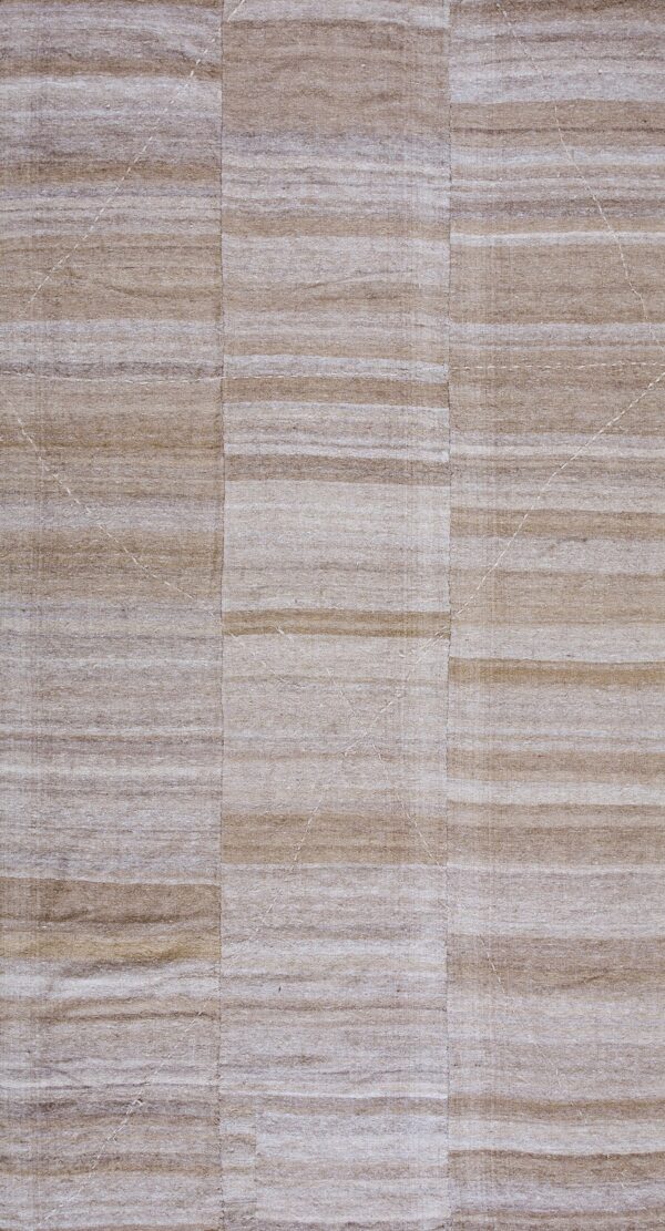 Early 20th century brown earth tone wool persian flat weave runner featuring abstract horizontal banding rug by rugs on net