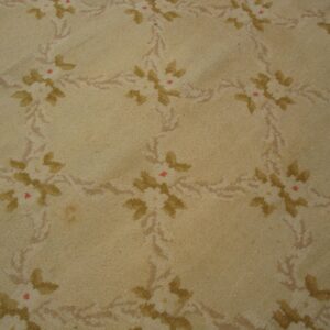 Close-up texture of a beige carpet with a repeating floral vine pattern in muted brown and white, by Rugs On Net