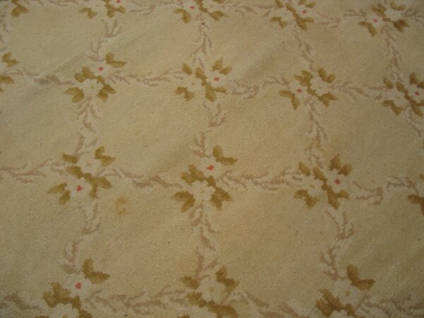 Close-up texture of a beige carpet with a repeating floral vine pattern in muted brown and white, by rugs on net