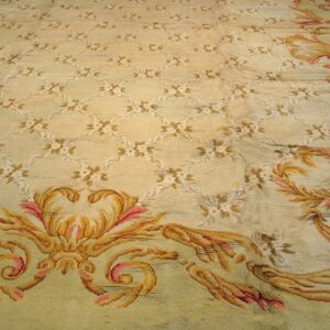 Close-up of a beige and gold Aubusson style rug with floral trellis pattern by Rugs On Net. by Rugs On Net