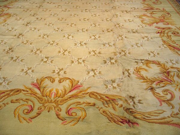 Close-up of a beige and gold aubusson style rug with floral trellis pattern by rugs on net. By rugs on net