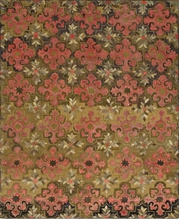 Exceptional american usa hooked wool rug circa 1880 olive green and dusty rose muted vintage palette rug by rugs on net