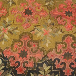 Close-up of a hooked rug featuring swirling red and olive green patterns on a gold background, by Rugs On Net