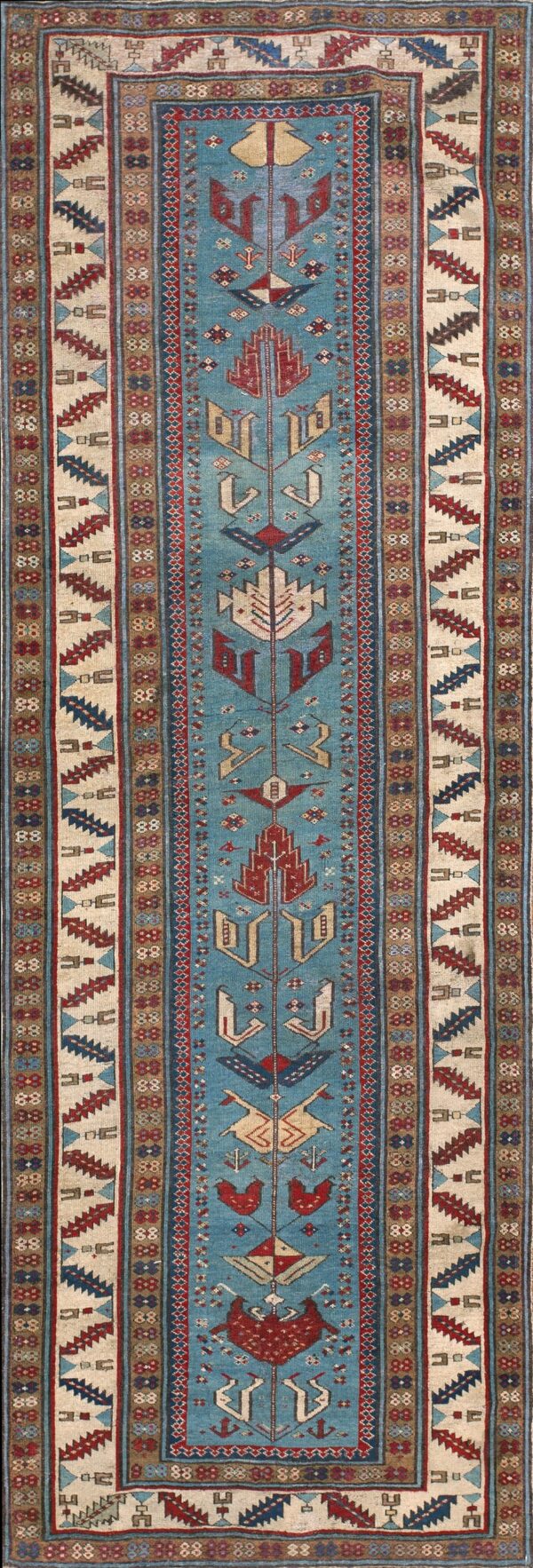 Exceptional antique 1850 caucasus shirvan hand knotted blue wool geometric tribal runner rug by rugs on net