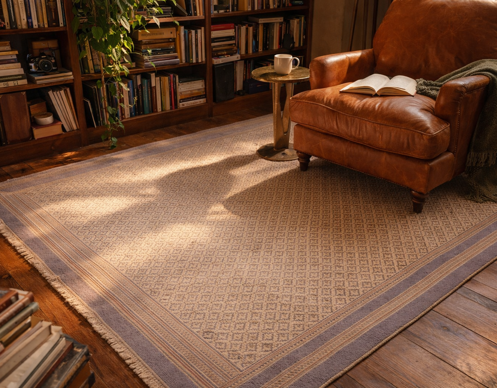 Geometric patterned rug with a blue border in a cozy library setting with a leather armchair and bookshelves. By rugs on net