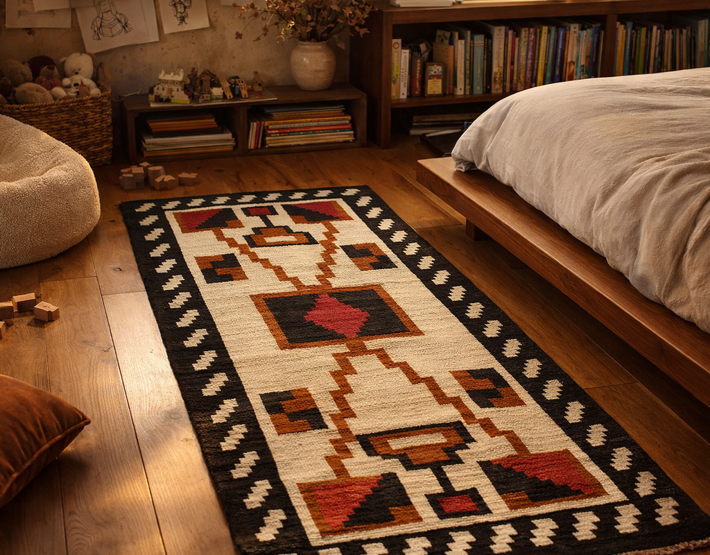 Geometric tribal runner rug on a wooden floor in a cozy bedroom with a platform bed. By rugs on net