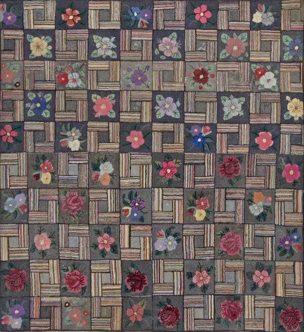 Grand gray background & symmetrical-floral pattern antique american hooked rug by rugs on net