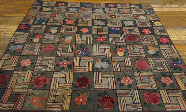 A colorful hooked rug featuring a patchwork design with individual squares containing floral motifs, titled 'floral patchwork rug' by rugs on net. By rugs on net