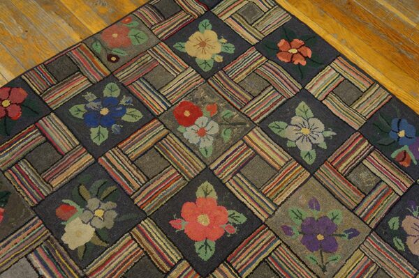 Close-up of a colorful floral hooked rug with a patchwork lattice design by rugs on net