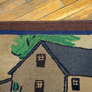 Close-up of a hooked rug depicting a house and trees, by Rugs On Net. by Rugs On Net