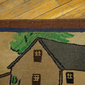 Close-up of a hooked rug depicting a house scene with green trees, by Rugs On Net. by Rugs On Net