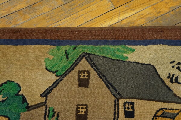 Close-up of a hooked rug depicting a house scene with green trees, by rugs on net. By rugs on net