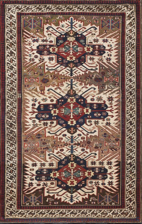 Hand-knotted 3x5 seychour caucasus wool rug with stacked tribal medallions and earthy olive accents carpet by rugs on net