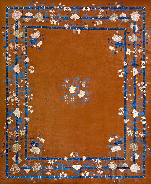 Hand knotted chinese 1920s peking wool bamboo lattice border and open field floral spray rug by rugs on net