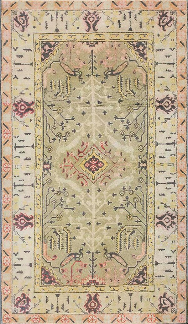 Hand knotted indian agra rectangle rug with muted sage green field and stylized tree of life rug by rugs on net