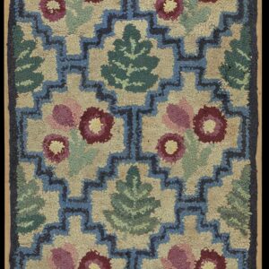 Ivory American Hooked Loop Pile with Stylized Leaf and Rose Motifs Antique 1930s Wool Rug by Rugs On Net