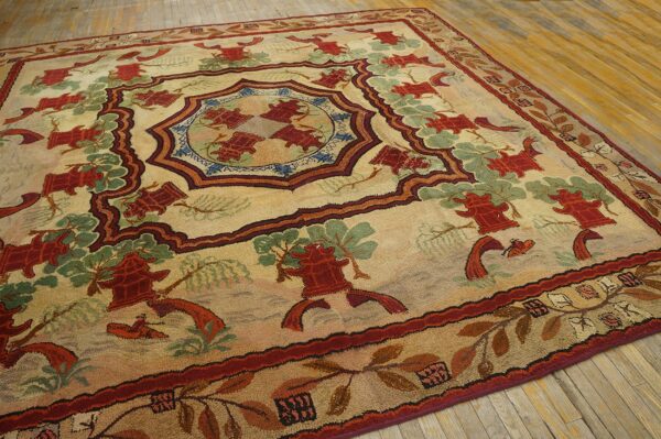 Square shape room size ivory antique chinese rug influenced design antique american hooked rug - image 2