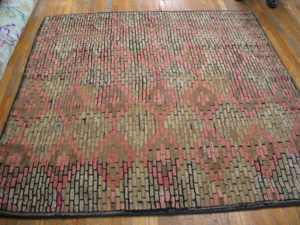 Abstract rug with vertical pink and brown rectangular shapes resembling bricks, by rugs on net