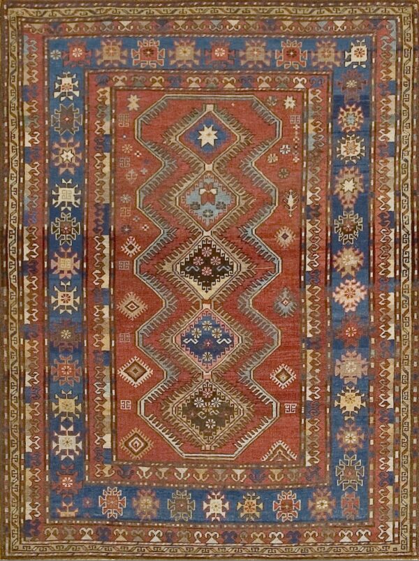 Kazak hand knotted wool rectangle stepped diamond medallion chain rust indigo palette rug by rugs on net