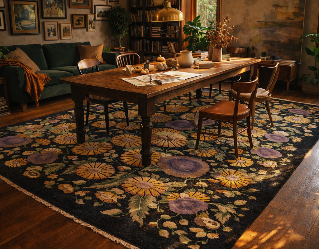 Large black rug with yellow and purple floral patterns in a cozy, book-filled room with a wooden table and green sofa. By rugs on net