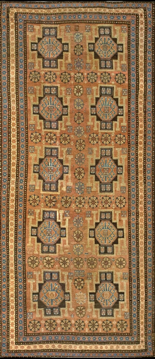 Late 19th century antique n. W. Persian coral pink geometric rosette fillers hand knotted runner rug by rugs on net
