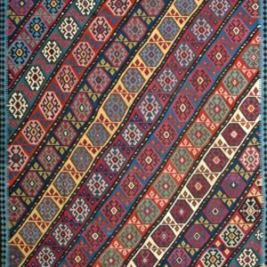 Late 19th Century Flat Weave Kilim featuring Saturated crimson and teal Geometric lozenge motifs Carpet by Rugs On Net