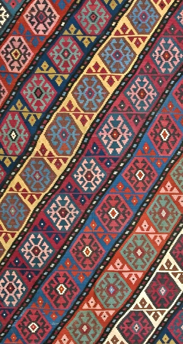 Close-up of diagonal geometric patterns on a colorful kilim rug by rugs on net