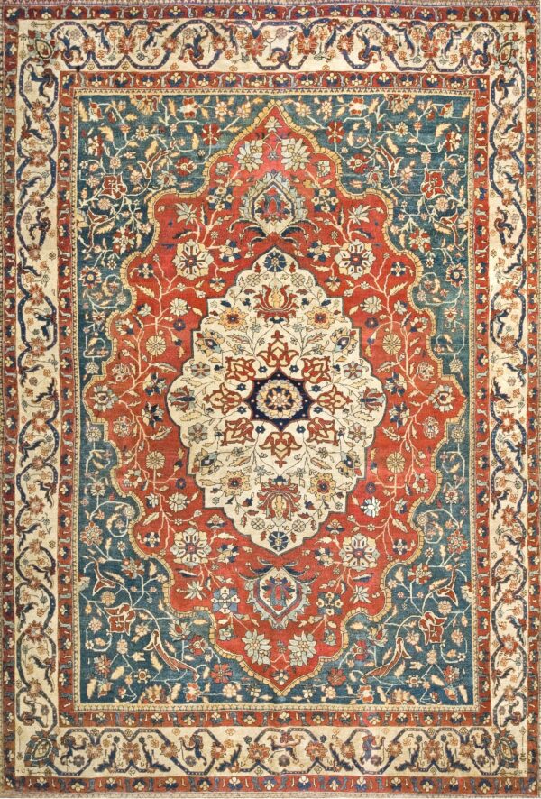 Late 19th century hand knotted persian sarouk wool dense floral arabesque brown earth tone carpet by rugs on net